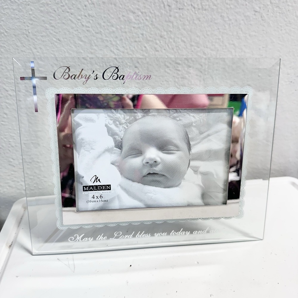 Malden Baby's Baptism Mirrored Glass Photo Frame Cross Religious Keepsake